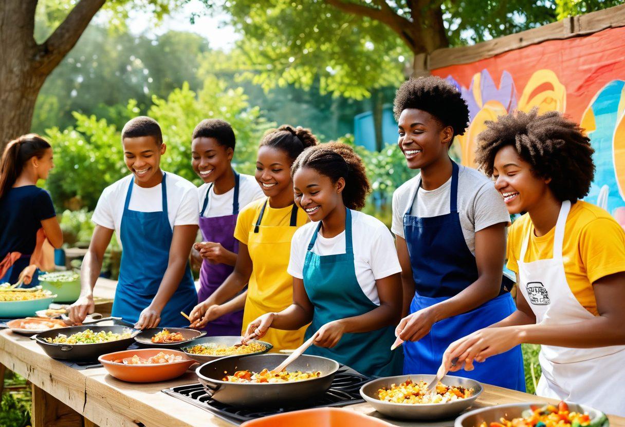A group of diverse young individuals engaged in various life skills activities like cooking, teamwork in a vibrant outdoor setting, and practicing mindfulness. The background features uplifting elements such as trees, sunlight, and a colorful mental health mural symbolizing positivity. The expressions on their faces convey joy and enthusiasm, reflecting a supportive community atmosphere. super-realistic. vibrant colors. dynamic composition.