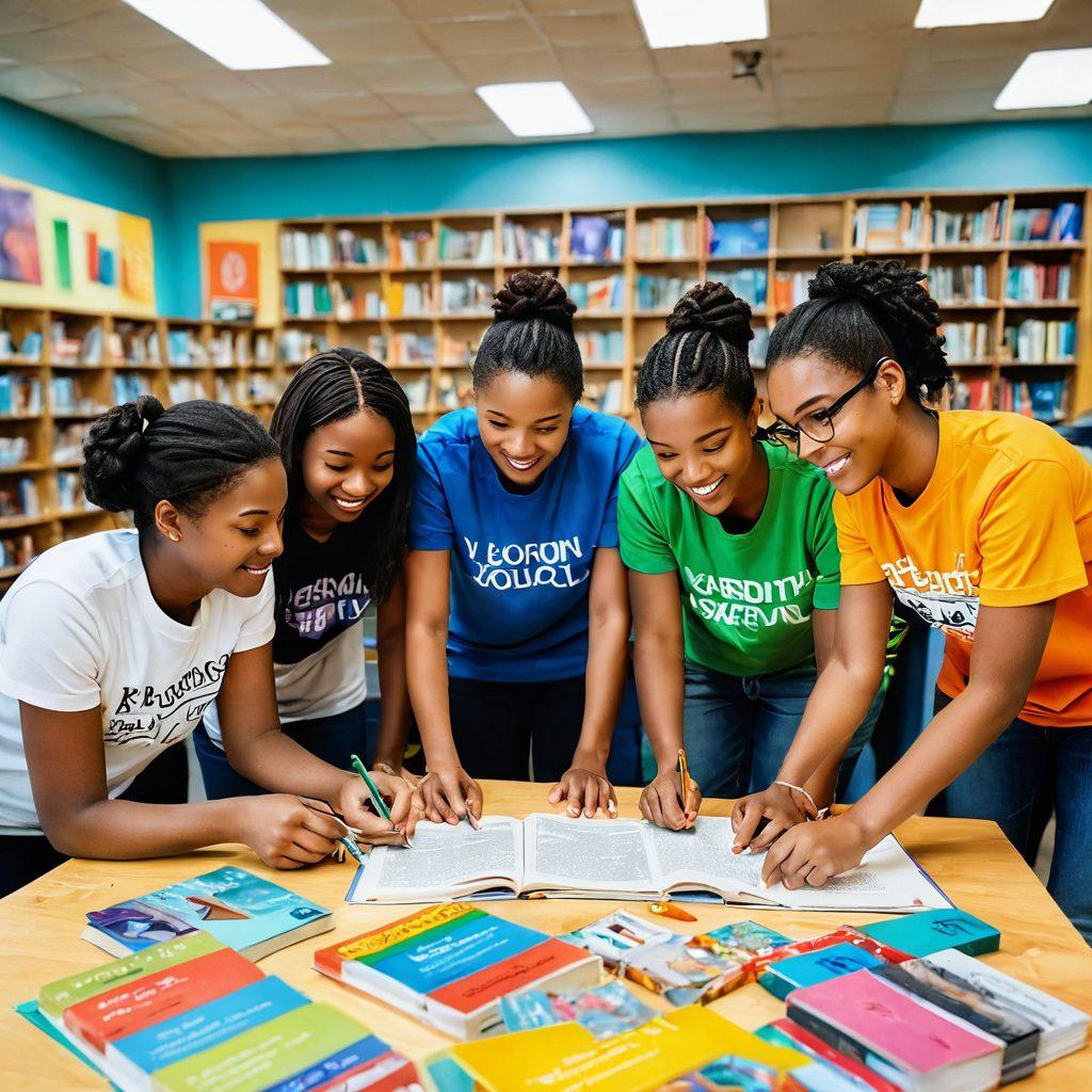 A vibrant community center bustling with diverse young people engaged in various activities, such as volunteering, tutoring, and playing games together. Symbolic elements like books, art supplies, and tech gadgets represent knowledge and creativity. The atmosphere is filled with positivity and teamwork, showcasing interconnectedness and growth. Soft, warm lighting enhances the uplifting mood, creating a sense of belonging and empowerment. 3D, vibrant colors, super-realistic.