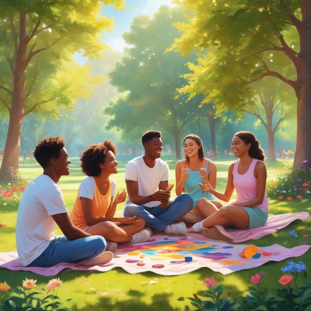 A vibrant illustration of diverse young people laughing and interacting in a sunny park, engaging in activities like painting, playing games, and meditating together. The scene should radiate warmth and connection, featuring colorful flowers and trees symbolizing growth and wellness. Incorporate subtle elements of mental wellness, like light beams or a gentle aura around the friends. super-realistic. bright colors. nature background.